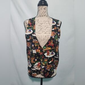 111 Main, Vintage Holiday Winter Teddy Bear Black & Colorful Adjustable Vest.
